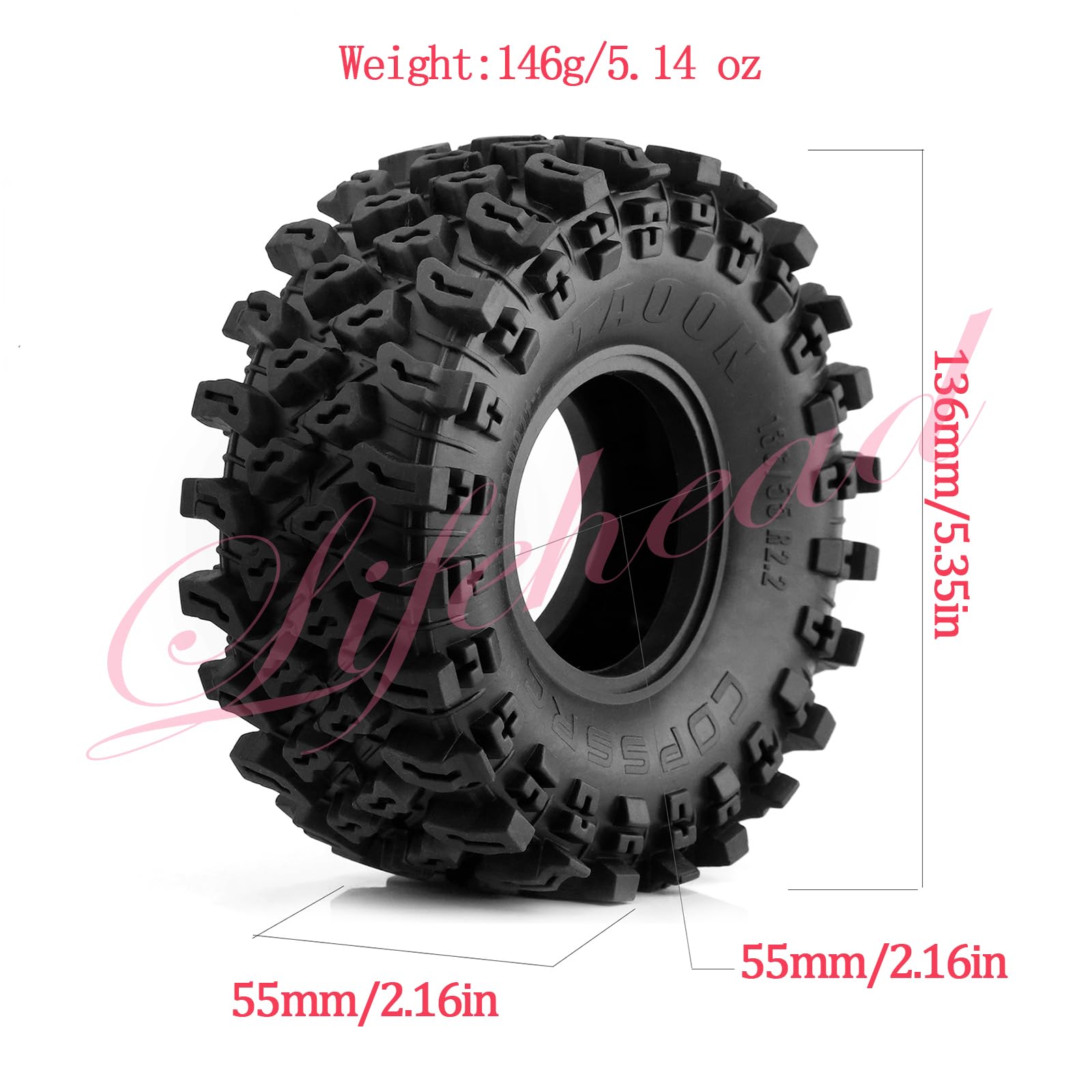 Lifehead 2.2 Inch Rubber Crawler Tires for 1/8 1/10 RC Crawler Car Retrofit Accessories KM5 YK4082 YK4083 Axial SCX10 RBX10 RR10 Traxxas TRX4?136x55mm OD