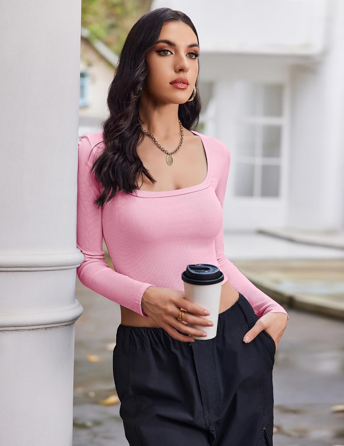 Ekouaer Womens 3 Pack Long Sleeve Crop Tops Square Neck Ribbed Slim Fitted Base Layer Basic Shirt Thermal Undershirts XS-XXL Black/White/Pink XXL - Image 4