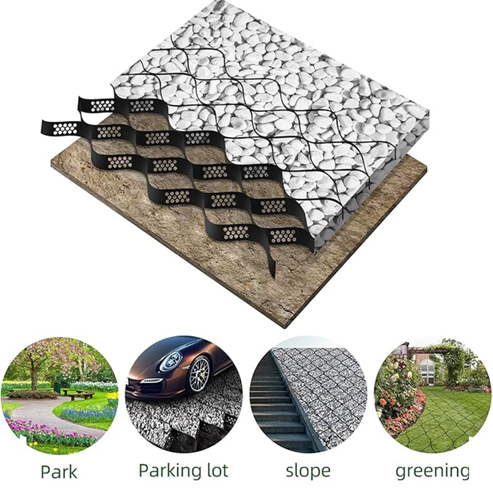 Griglia di stabilizzazione per vialetto e capannone, spessa 2,4 x 6,7 m, griglie nere resistenti per veicoli leggeri, soluzioni di parcheggio su erba e ghiaia, altezza 10 cm