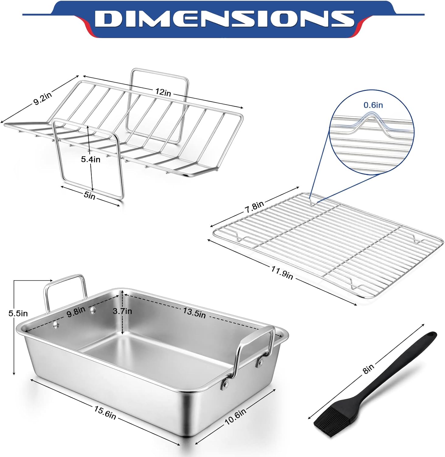 Stainless Steel Roasting Pan with Rack, HaSteeL 13.5In Lasagna Roaster Pan, Baking Rack, V-shaped Rack & 8In Basting Brush, Great for Turkey/Chicken/Veggies/Ham, Heavy Duty & Dishwasher Safe - 4Pcs