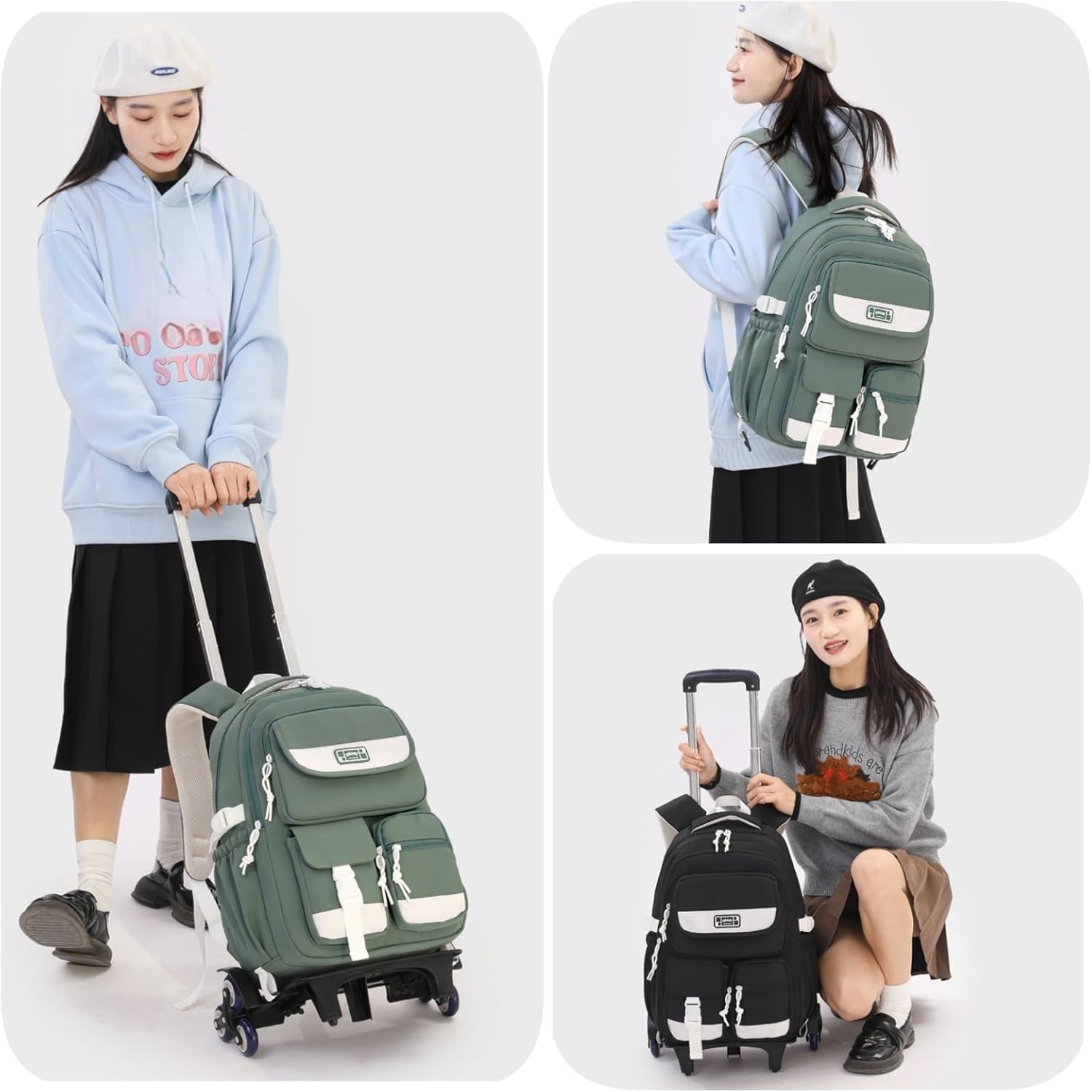 Rolling Backpack for Girls, Roller Backpack with Wheels for Boys, Kids Trolley School Bags Wheeled Bookbag on 6 Wheels, Green - Image 2