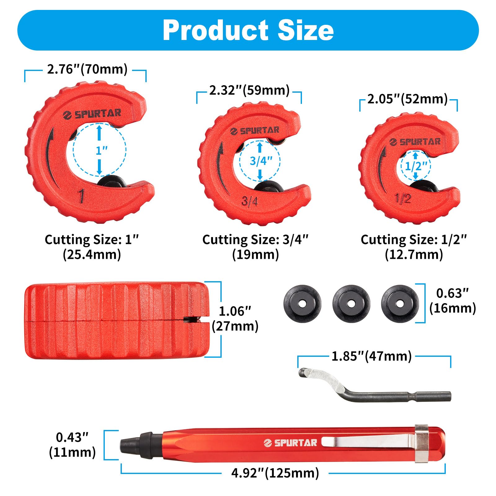 Spurtar 4-tlg. Rohrschneider Werkzeug Satz | 3pcs Krohrabschneider 12,7 mm, 19 mm und 25,4 mm (1/2", 3/4", 1") und 1pc Entgratungswerkzeug für Kupferrohre Messing Aluminium -Rohr - Sanitär Heizung