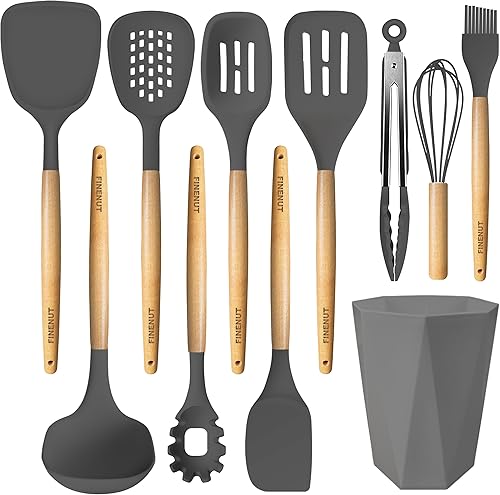 Juego de utensilios de cocina de silicona, 11 unidades, sin BPA y no tóxico, resistente al calor de 446 F, herramientas de cocina con mango de