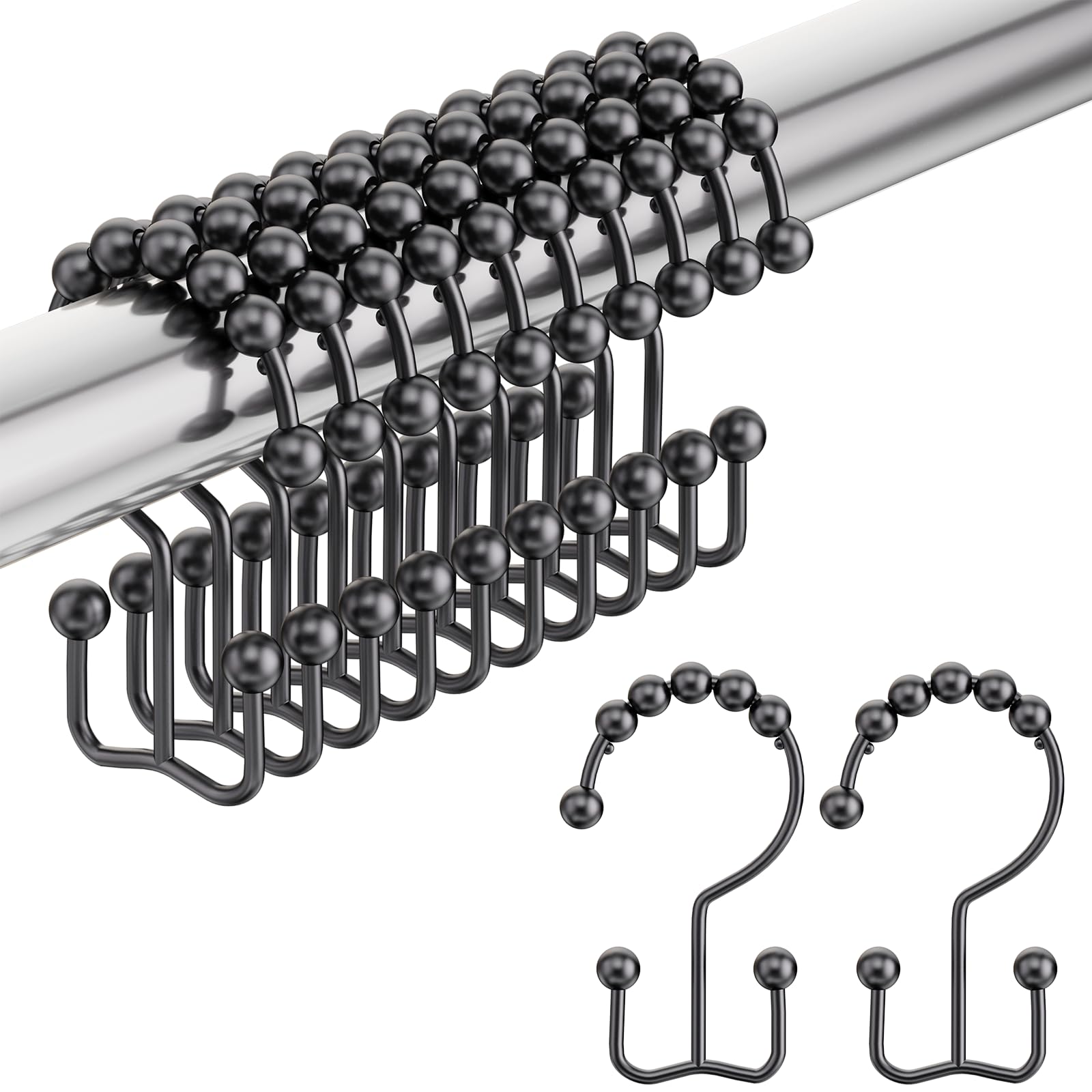 Amazer Black Shower Curtain Hooks, Shower Curtain Hooks Rust Proof 12 Pcs Stainless Steel Shower Hooks for Shower Curtain, Double Shower Curtain Hooks for Bathroom Shower Rods Curtain