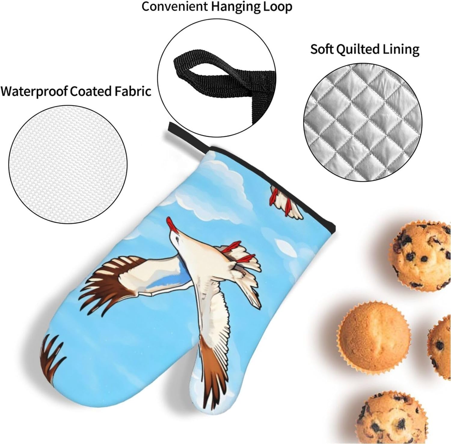 Flying Seagulls Oven gloves and heat-resistant mat 4-piece set. Suitable for grilling, microwave oven frying, and baking