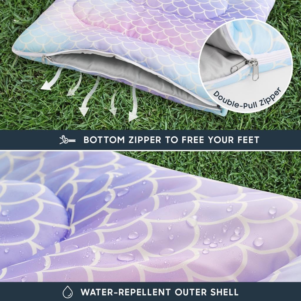 Wake In Cloud - Kids Sleeping Bag for Girls Toddlers, Camping in Warm Cold Weather, Backpacking Lightweight Compact Outdoor Liner for 3 Seasons Summer Spring Fall, Mermaid Purple Blue