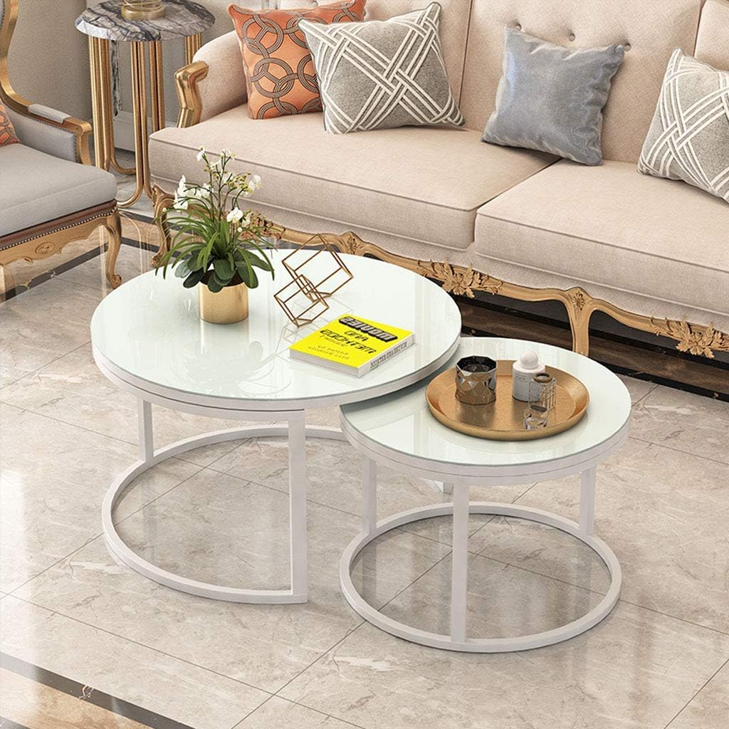 Round Coffee Table (Set of 2) Nesting Combination, Stackable Living Room End Table, Tempered Glass with Sturdy Metal Frame