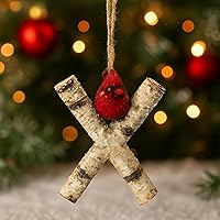 Vista 12 de Adorno de Navidad con letra inicial cardenal rústica, aspecto de madera de abedul, alfabeto, decoración con monograma para árbol de vacaciones