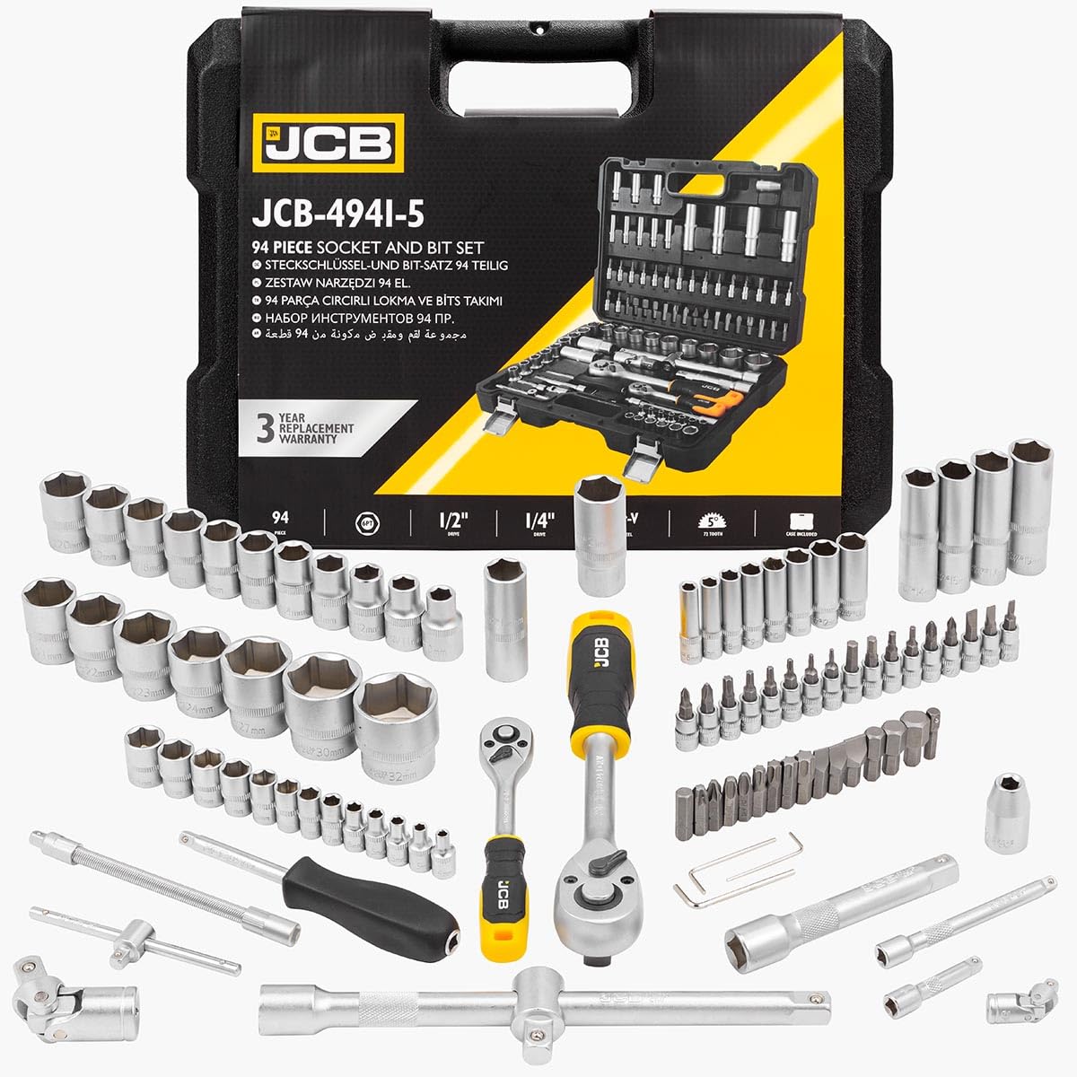 JCB 94 Piece Socket & Bit Set, Chrome Vanadium Steel, 72-Tooth Ratchet, 5° Swing, Blow Mold Case - Image 4