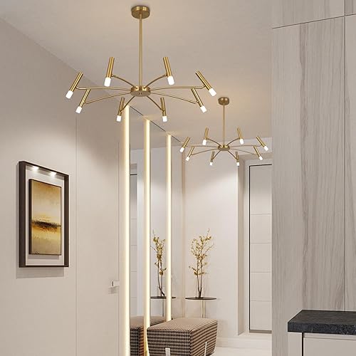 Miniatura 7 de KCO Iluminación contemporánea 8 luces LED Candelabros de latón cepillado para sala de estar, lámpara de techo Sputnik dorada de montaje empotrado,