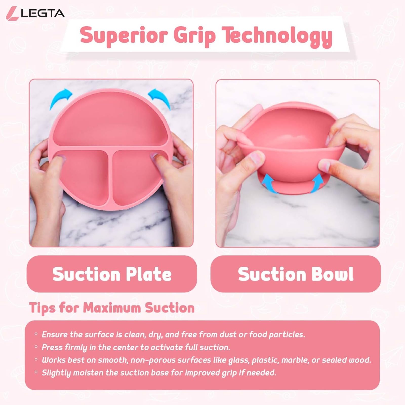Set per lo svezzamento del bambino, in silicone rosa, con piatto, ciotola, tazza, cucchiaio, forchetta, bavaglino, 11 pezzi, per uso alimentare, lavabile in lavastoviglie (rosa)