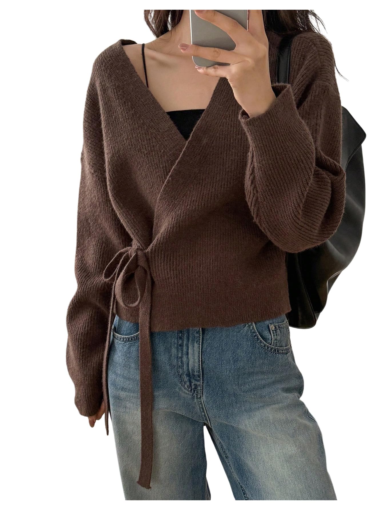 GORGLITTER Womens Wrap Cardigan Sweaters Long Sleeve Tie Drop Shoulder Trendy Knit Cardigan Outfits Old Money Clothes