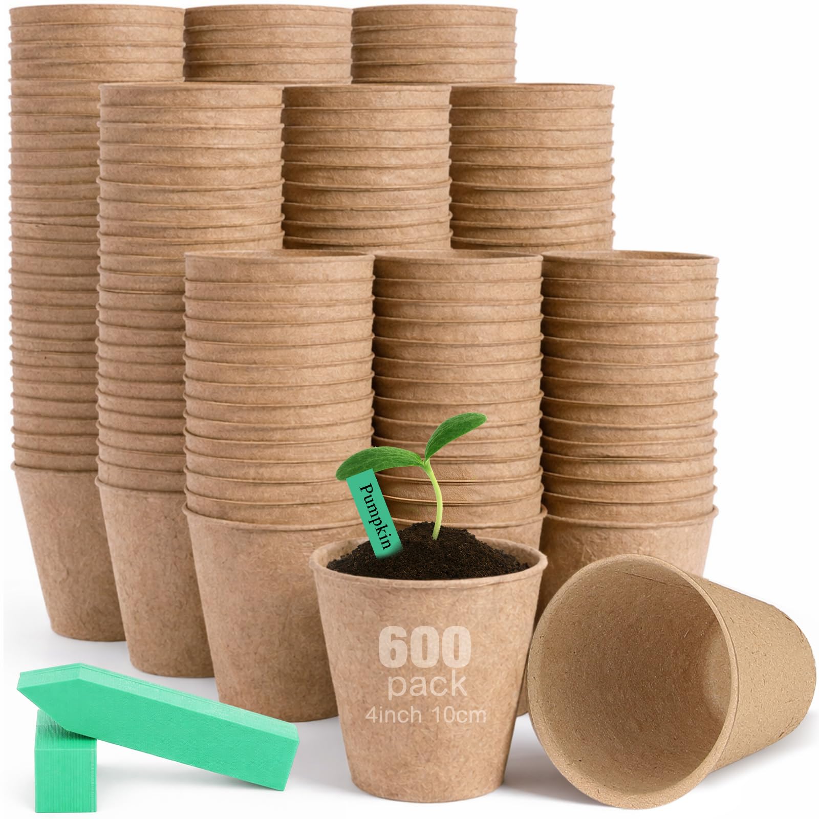 FillTouch Torftöpfe, rund, biologisch abbaubar, Pflanzen-Starter-Töpfe mit 120 Etiketten für Gartenkeimung, 600 Stück