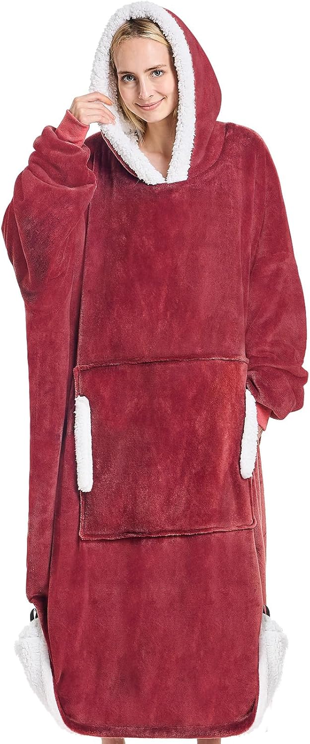 yescool Wearable Blanket Hoodie – birthday gifts for Adults/Women/mom, Flannel Cozy Sherpa Fleece Blanket Sweatshirt with Hood, Pocket & Sleeves, Large, One Size Fits All (Red)