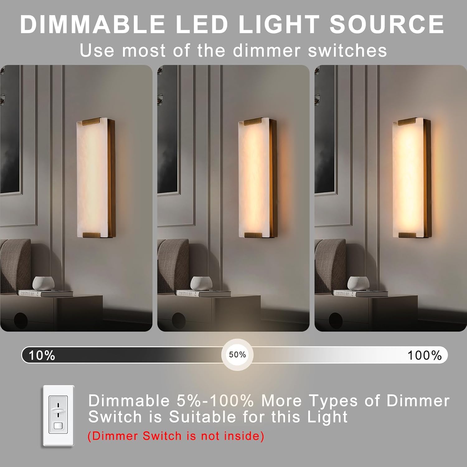 Alabaster Wall Sconces Set of Two, 19.2in Natural Marble Wall Sconces Wall Lighting, Dimmable Wall Light Fixtures for Bedroom Living Room Stairs Vanity Hallway Bedside,Brushed Gold