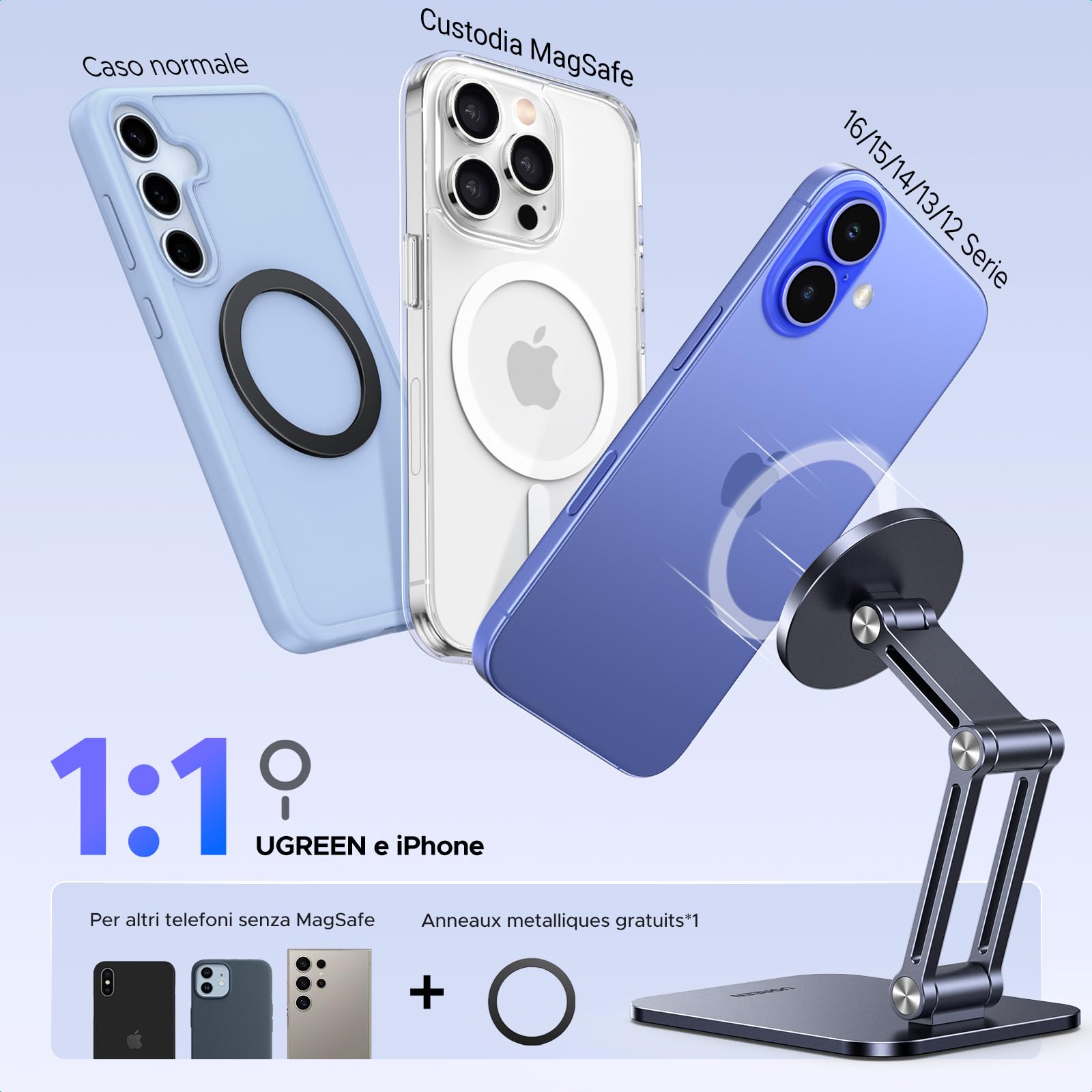UGREEN Supporto Magnetico Magsafe da Tavolo Pieghevole con Anello in Metallo, Porta Cellulare Scrivania, Compatibile con iPhone 16 Plus Pro Max/15/14/13, Galaxy S23 Argento