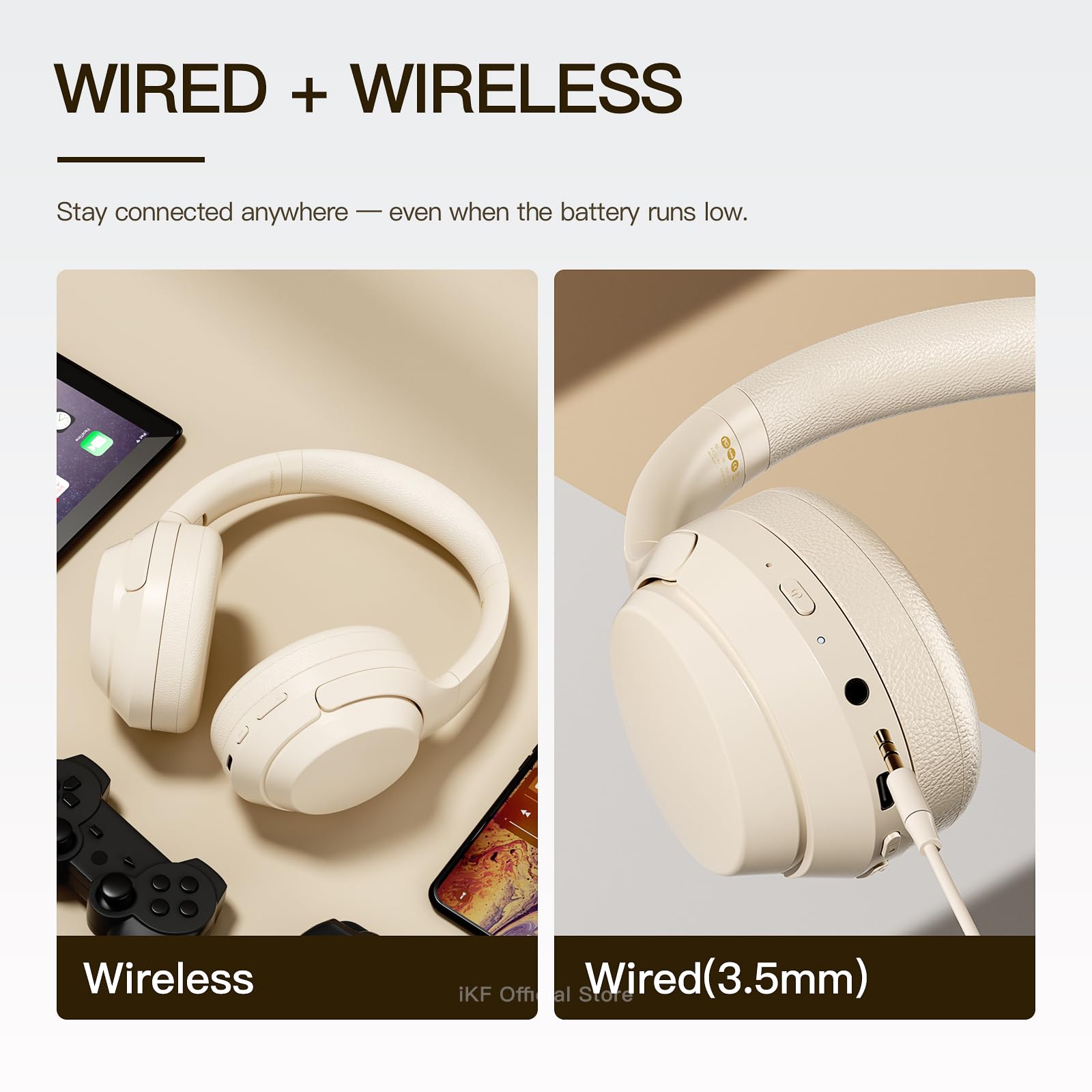iKF T1 Pro - Cuffie over-ear wireless Bluetooth, riproduzione 100 ore, suono HiFi, connessione multi-dispositivo, design pieghevole, modalità cablata, per viaggio/lavoro/gioco/scuola (bianco sporco)