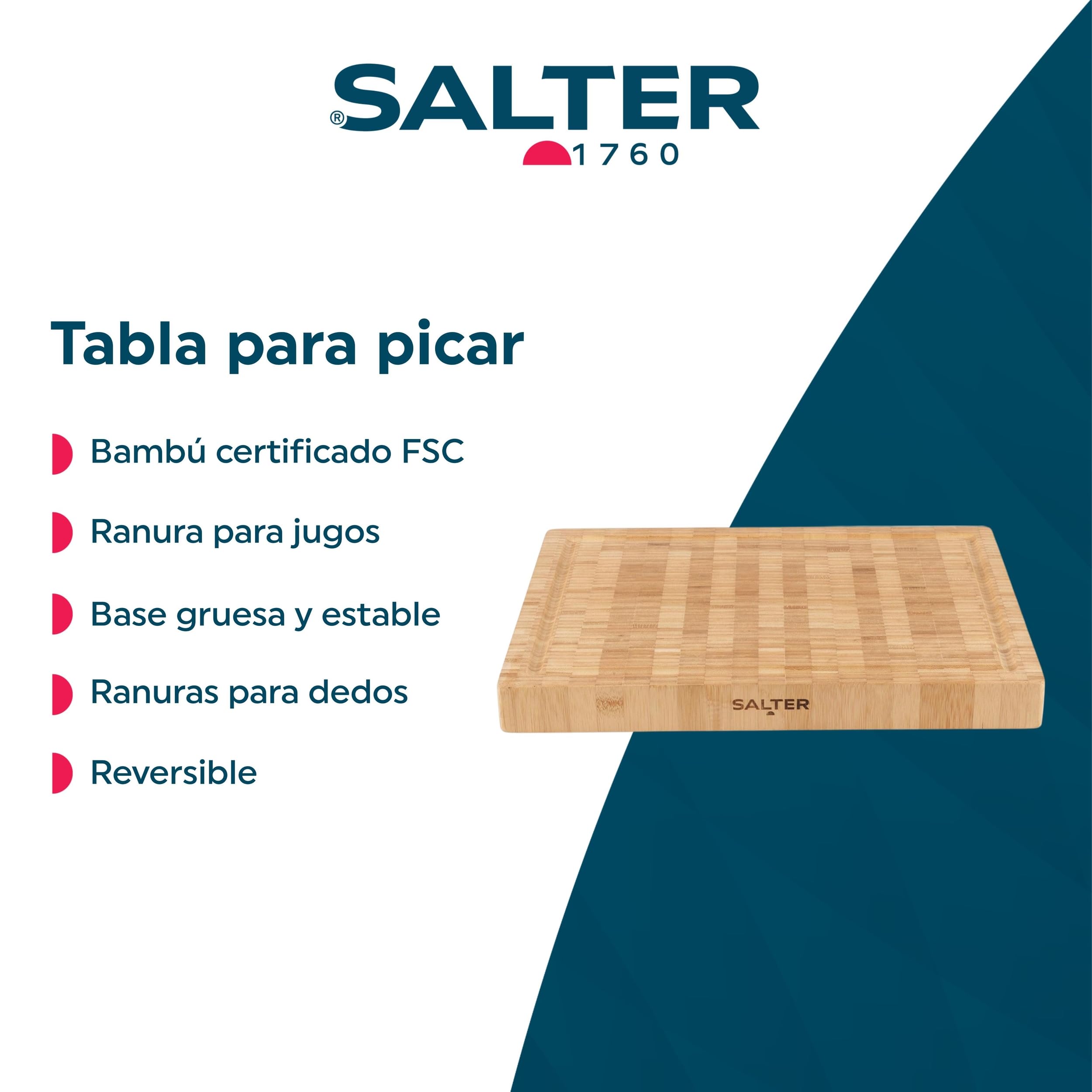 Salter BW13308EU7 Tabla de cortar de bambú – Bloque de carniceros de corte de madera grande, Tablero grueso para tallar carne, surco de jugo, Charcuterie de plato de queso, certificado FSC®, 42cm