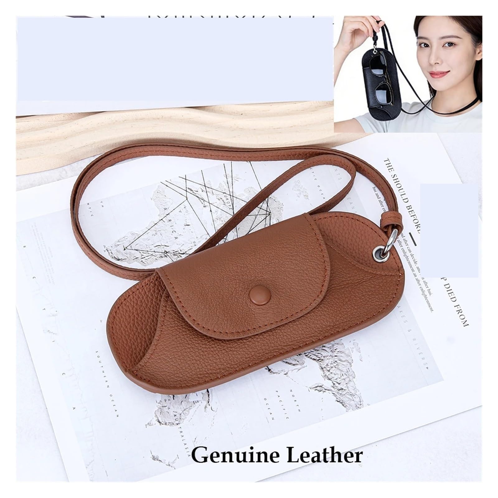 Funda de Gafas Blanda de Cuero Genuine Leather Magnetic Glasses Pouch Case with Neck Strap Cowhide Sunglasses Reading Holder