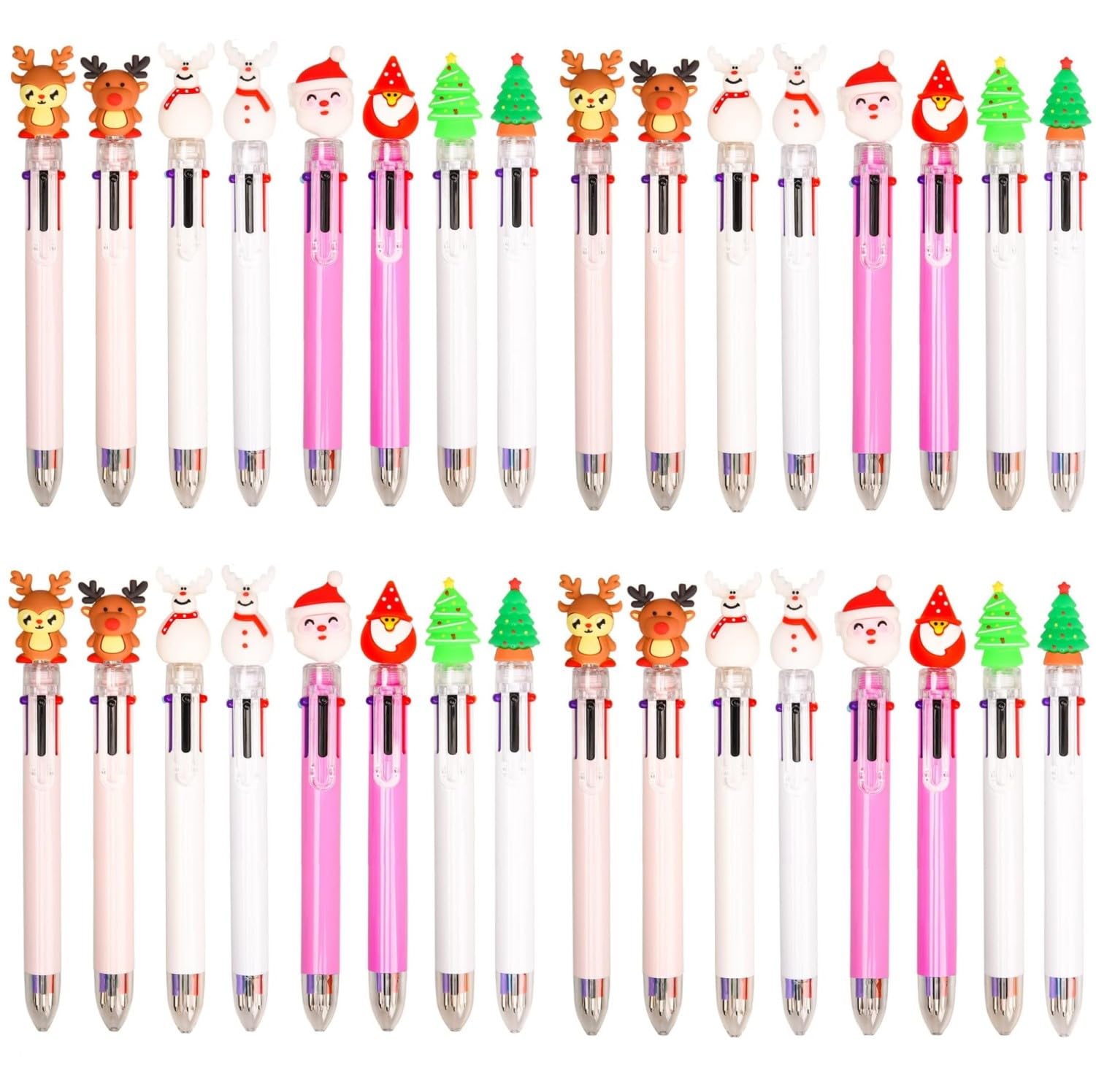 32Pcs Christmas Ballpoint Pens, 6-in-1 Multicolor Retractable Shuttle Pen 18CM Christmas Tree Snowman Reindeer Santa Claus Rollerball Pens for Xmas Stocking Box Fillers Party Favors (8 Styles)