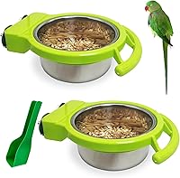 BNOSDM 2-Pack Stainless Steel Bird Bowls with Perch Stand & Spoon - Durable Feeding Dishes for Parakeets, Budgies, Finches, Lovebirds (Green)