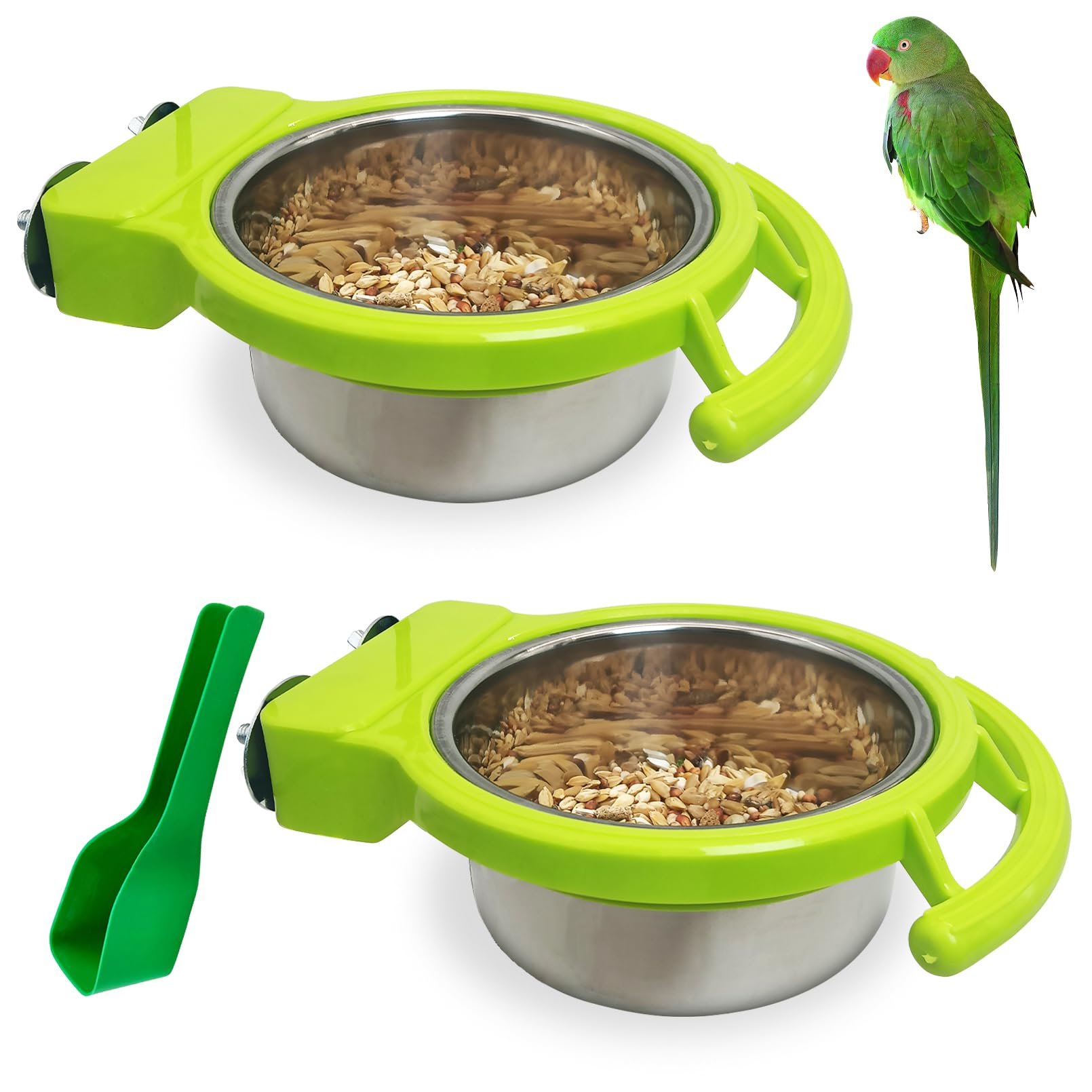 BNOSDM 2 PCS Stainless Steel Bird Bowls Bird Feeding Dish Water Cups Perch Stand Hanging Parakeet Food Container Food and Water Bowls with Spoon for Budgie Cockatoo Finch Lovebirds (Green)