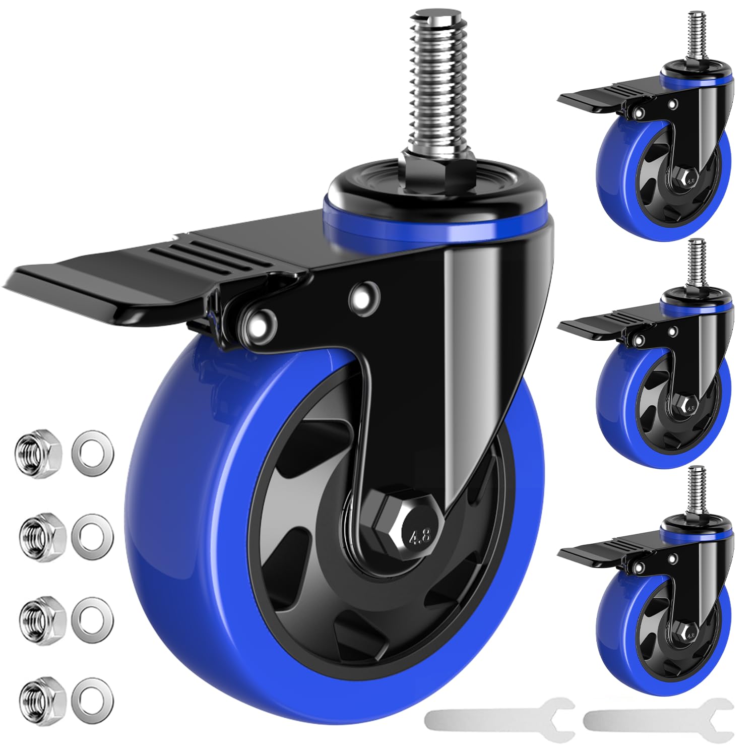 Sohnvwtgd 4 Inch Caster Wheels Heavy Duty Stem Caster 2000Lbs, Threaded Stem Casters 1/2"-13 X 1(Stem Diameter 1/2", Stem Length 1"), Swviel Locking Caster Set Of 4, Industrial Castor Wheels For Cart,Furniture