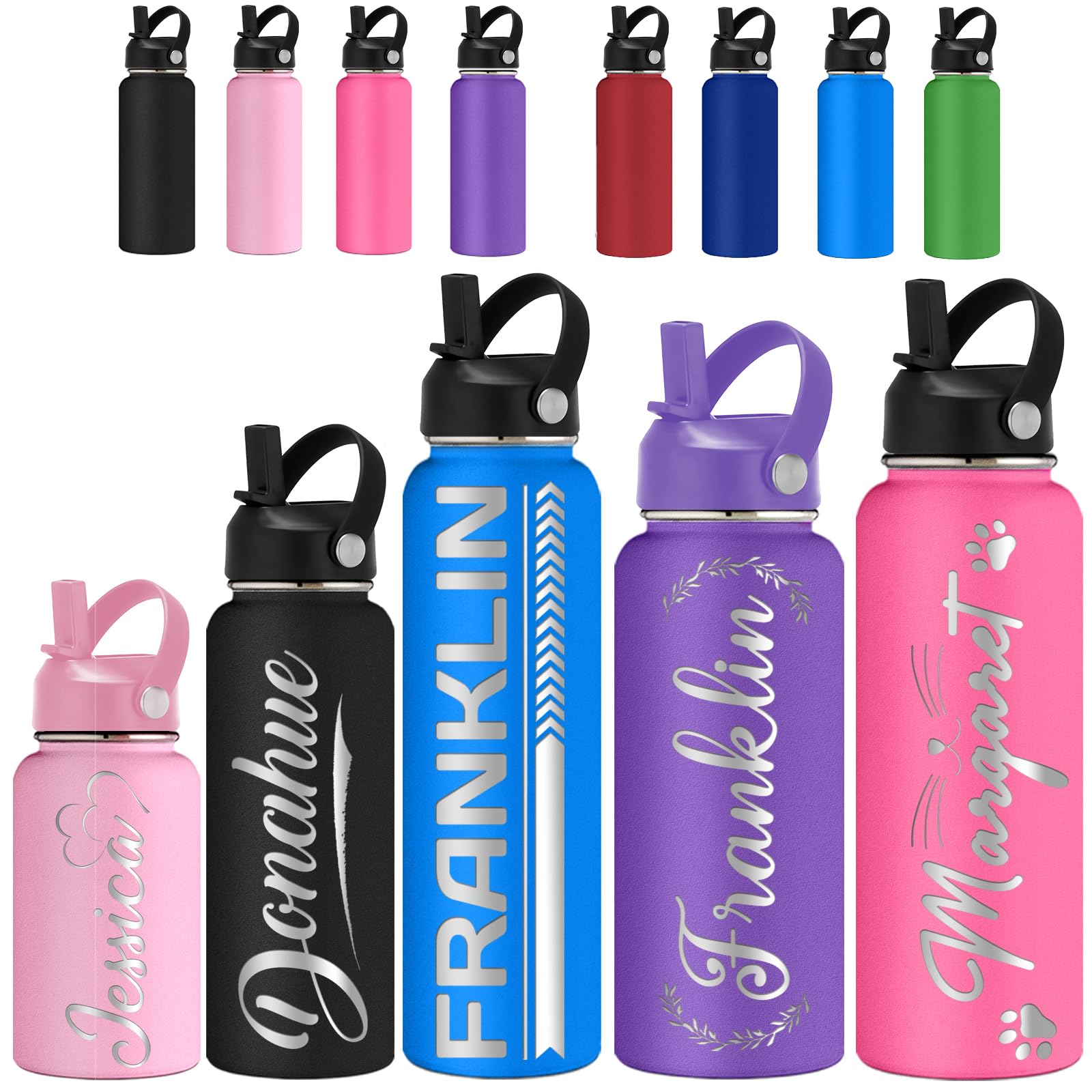 Personalized Water Bottles for Kids 12 18 24 32 40OZ Custom Water Bottle with Straw Lid Customized Engraved