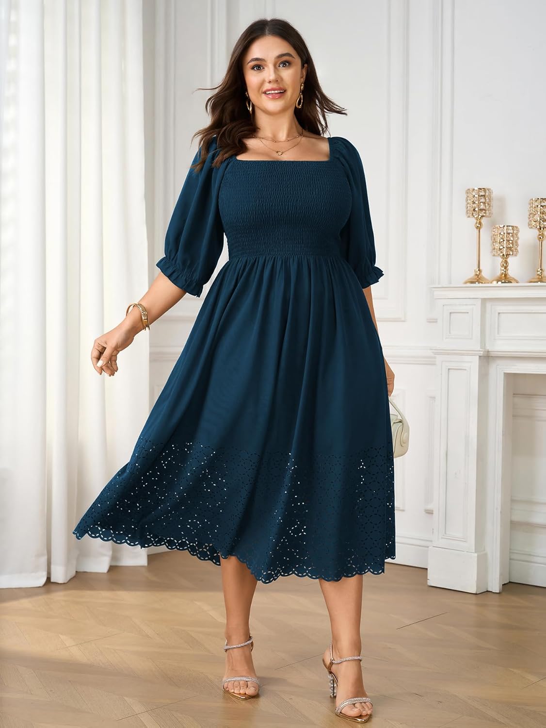 SCOMCHIC Women's Plus Size Maxi Dress Short Sleeve Square Neck Hollow Out Smocked Flowy A-Line Boho Wedding Guest Dresses - Image 2