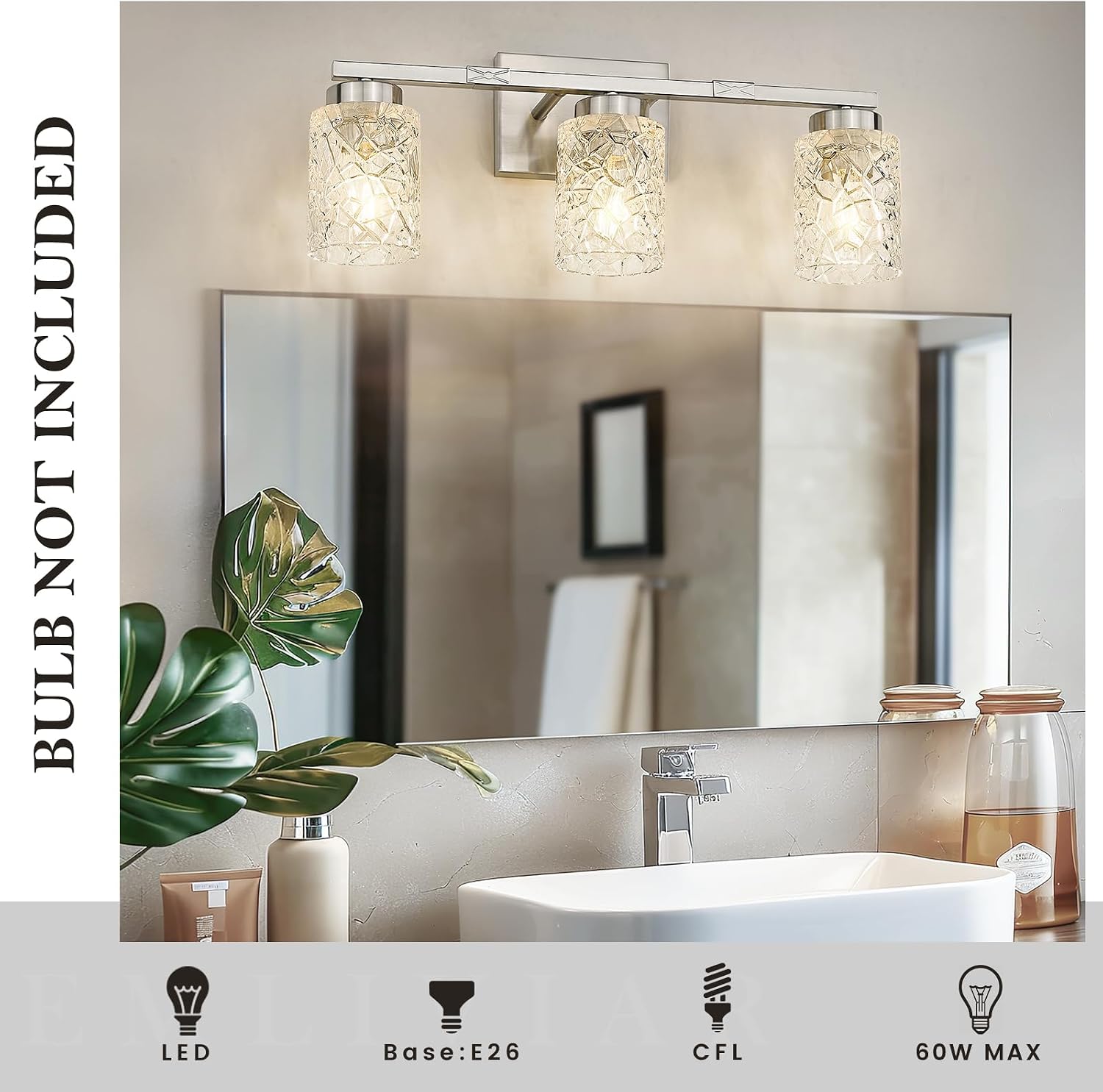 Emliviar 3-Light Vanity Lights with Clear Geometric Glass, 22” Modern Brushed Nickel Wall Light for Mirror, E26 Base, HE294B-3W BN