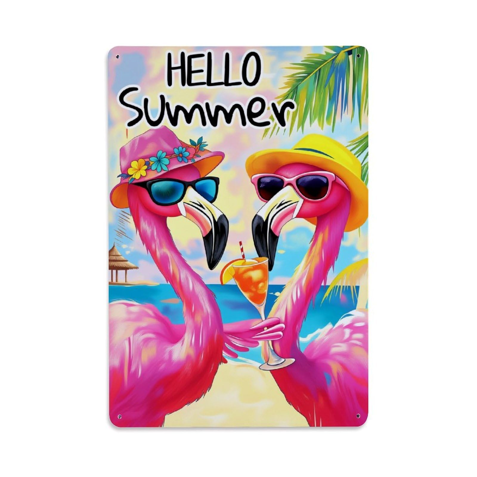 Jdyaojiesheng Vintage Flamingo Summer Beach Cocktail Hat Tin Sign Retro Metal Wall Decor Metal Poster, Home Bar Garage Farmhouse Cafe Wall Art Decoration 8X12inches