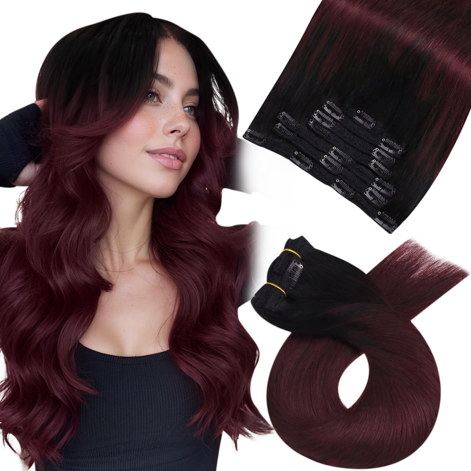 Moresoo 16 Inch Clip in Hair Extensions Real Human Hair Extensions Clip in Remy Human Black Root Ombre Wine Red for Women Full Head Adding Volume Natural Look #1B/99J 7 Pieces/120G