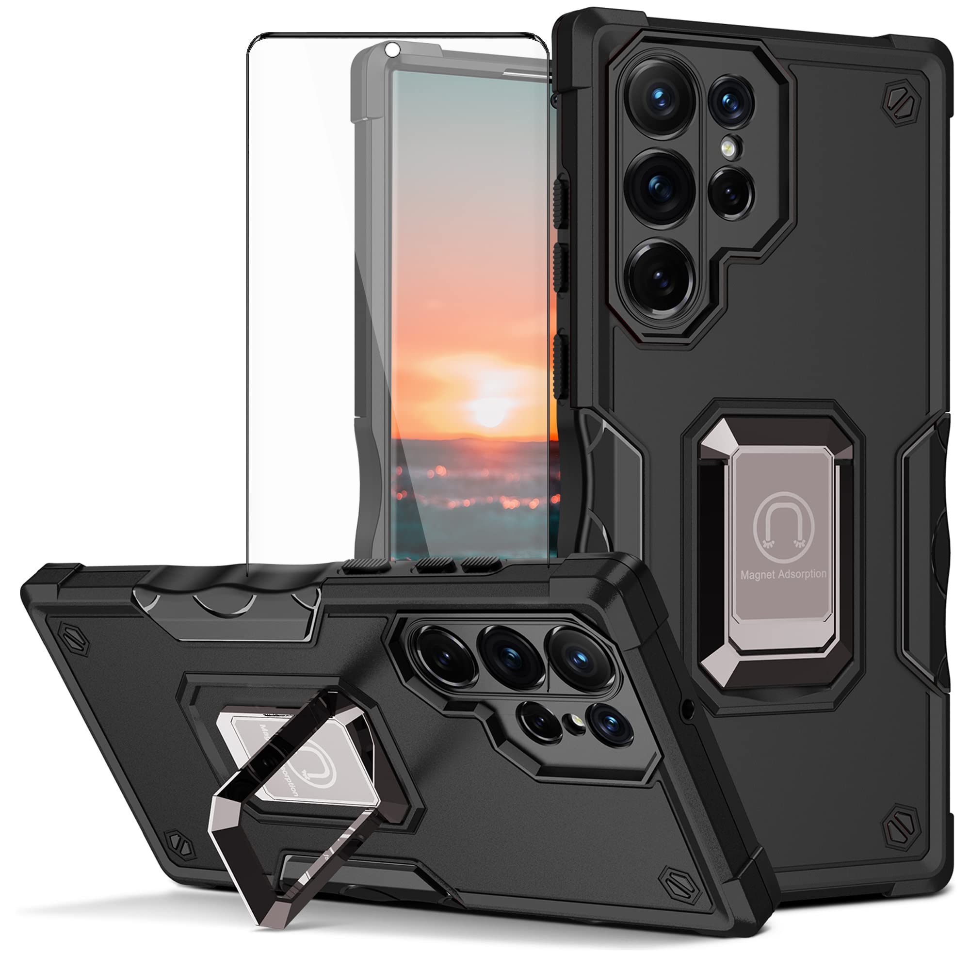 Asuwish Phone Case for Samsung Galaxy S22 Ultra 5G with Tempered Glass Screen Protector Cover and Ring Holder Stand Hybrid Rugged Cell Accessories