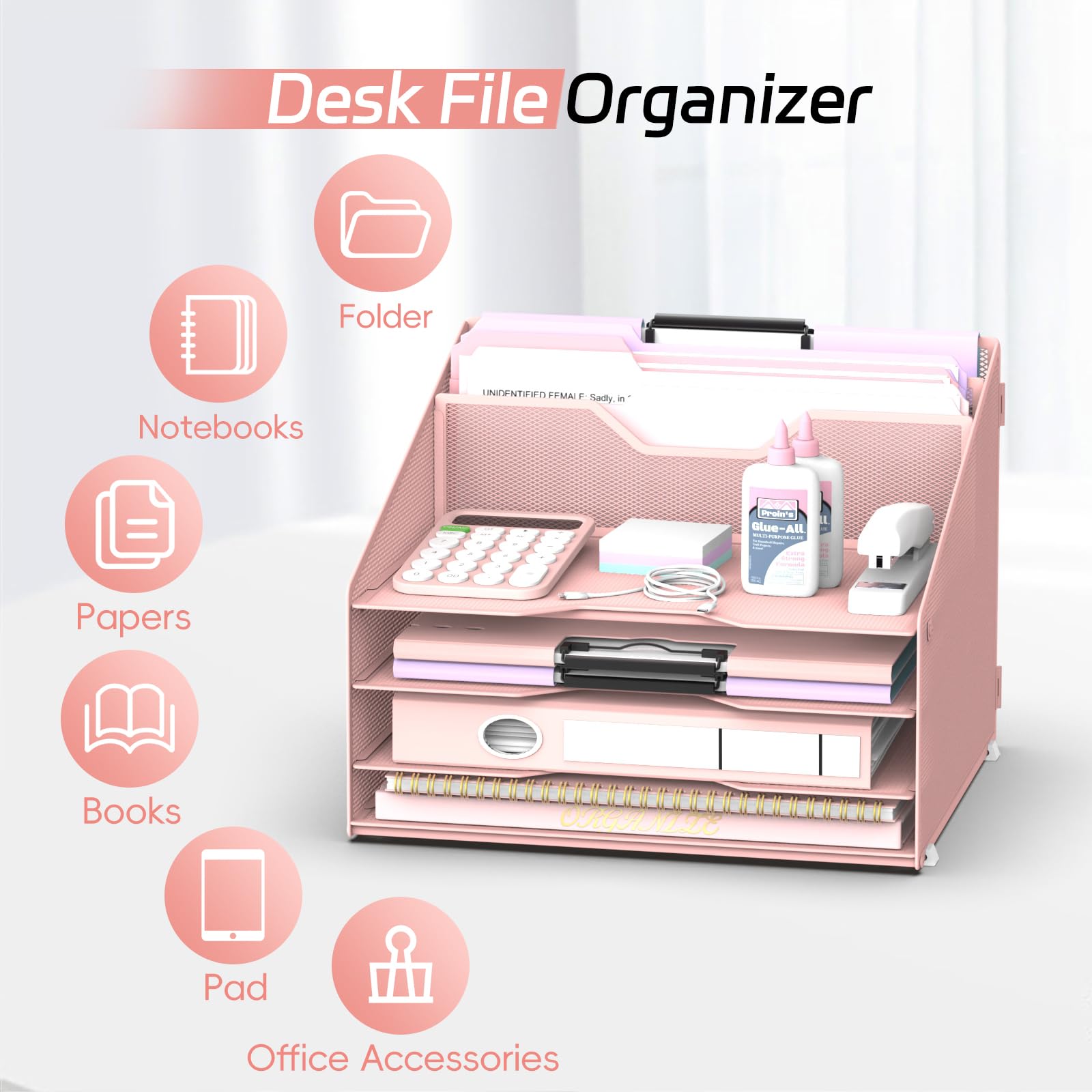 Organiseur de fichiers de bureau, organiseur de papier avec 4 bacs à courrier et 2 sections verticales verticales, organiseurs de bureau et accessoires pour bureau, école, maison (rose)