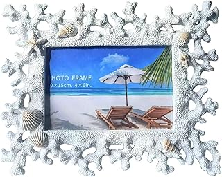 Elegant White 4x6 Photo Frame - Elegant Resin Design with Coral Shell De...