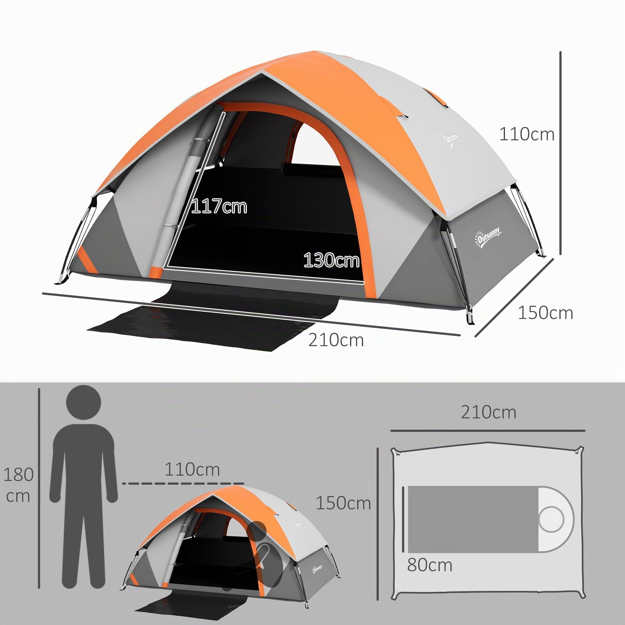 Outsunny Kuppelzelt für 2 Personen Leicht Wasserdicht Familienzelt | Mit Tür&Fenster, Packtasche, Haken, Stabil Campingzelt mit 3000mm Wassersäule, Zelt für Camping Reise Trekking Garten