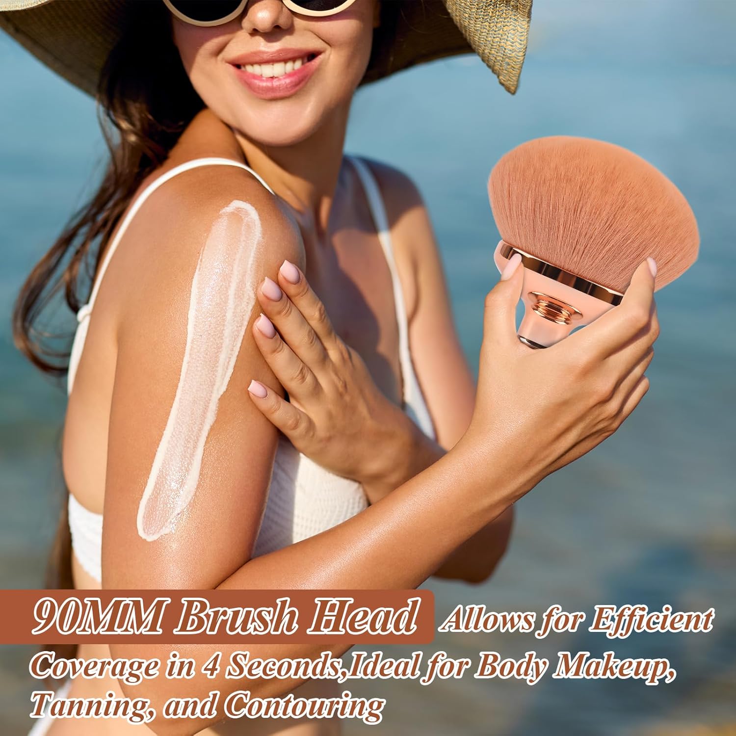 90MM Extra Large Self Tanner Kabuki Makeup Brush – GloréBrochas Ultra Soft Dense Vegan Bristles for Body Makeup, Bronzer & Foundation–Applies Tanning Mousse, Lotion & Self Tanner，Wet & Dry (Rose-Gold) - Image 5