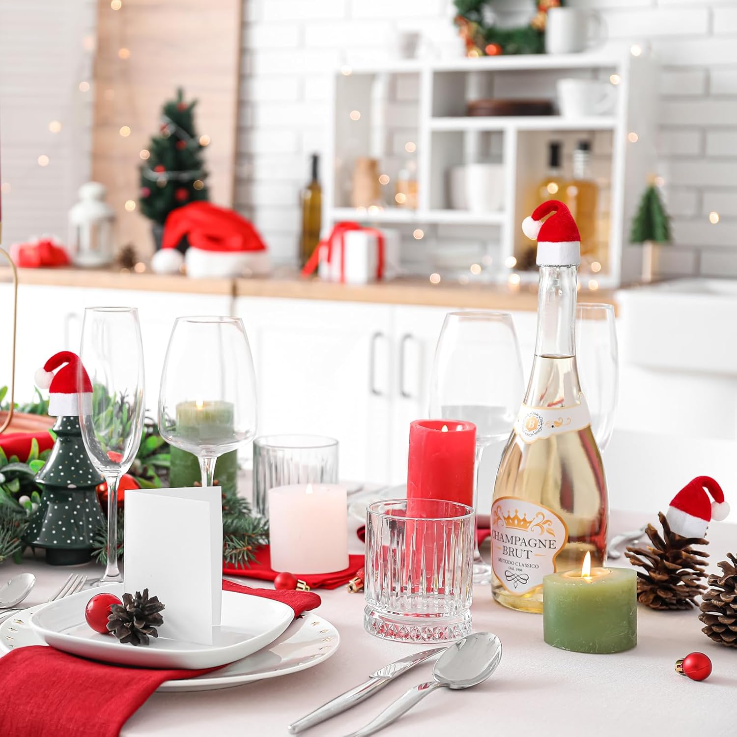 SATINIOR 28 Pcs Christmas Chair Covers and Santa Hats Silverware Holders Set Red Plush Santa Hats for Adult, Small Dog Cat, Wine Bottles Xmas Dinning Room Holiday Party Decoration