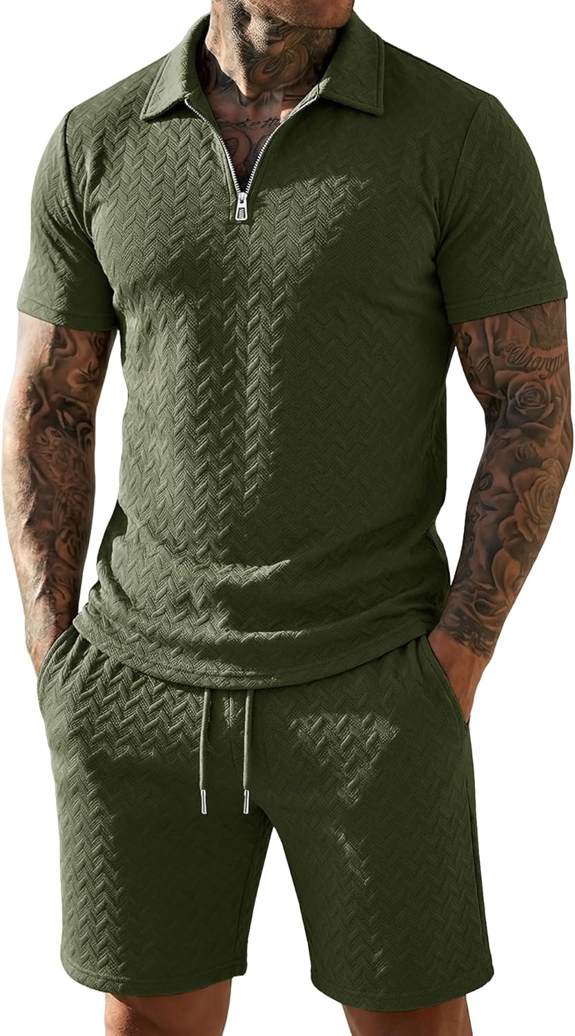 URRU Mens Textured Polo Shirt and Shorts Sets Outfits 2 Piece Summer Tracksuits Casual Quarter Zip Golf Polo Shirts