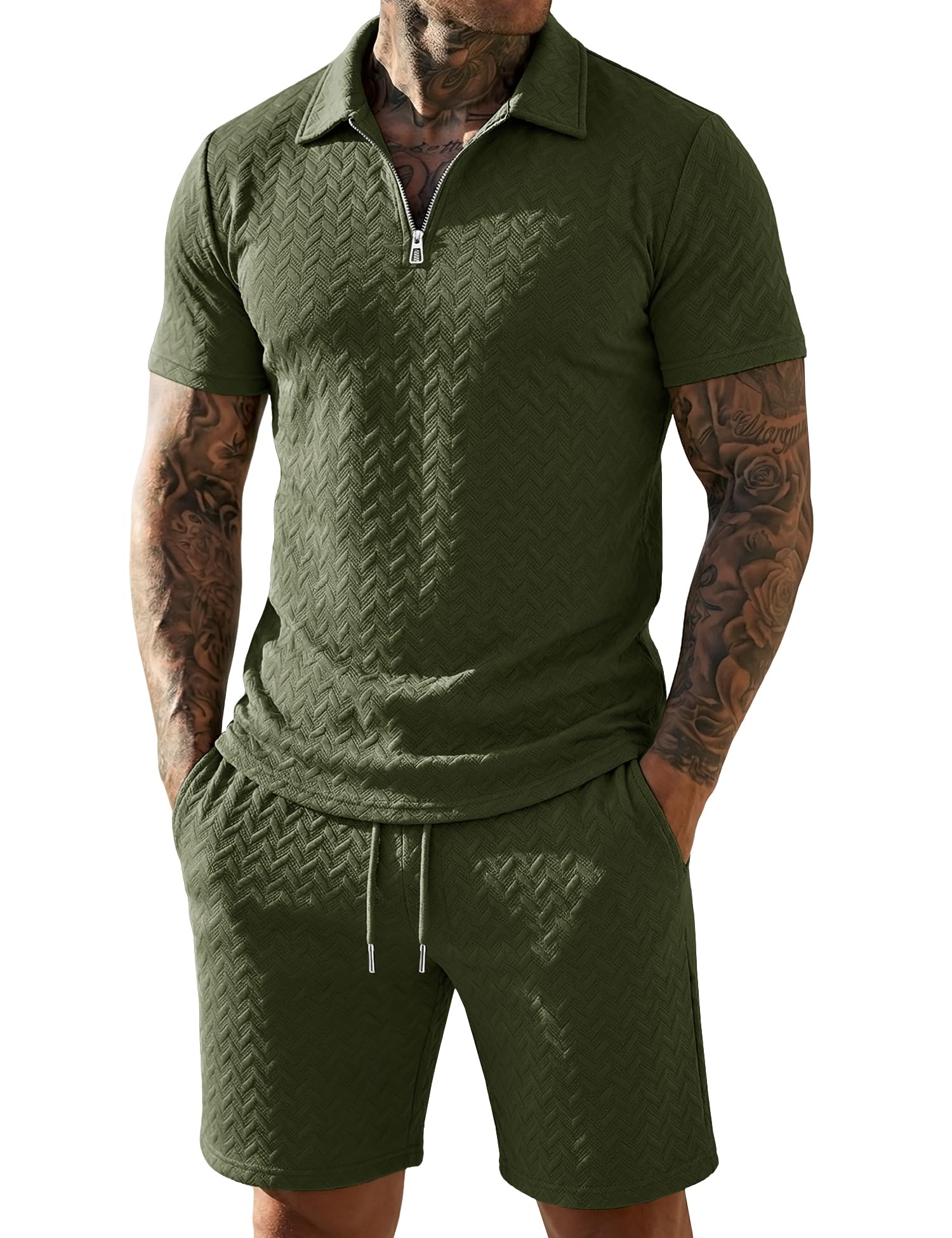 URRU Mens Textured Polo Shirt and Shorts Sets Outfits 2 Piece Summer Tracksuits Casual Quarter Zip Golf Polo Shirts