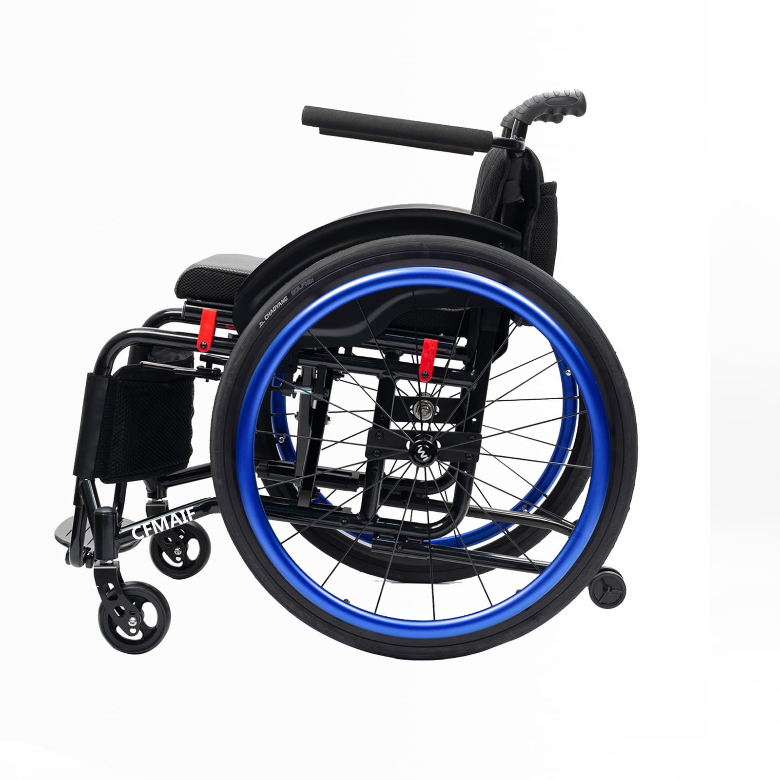 Ręczny wózek inwalidzki, sport, lekki, aluminiowy wózek inwalidzki, dla osób niepełnosprawnych, samobieżny, podłokietniki (38 cm/14,9 cala, niebieski)