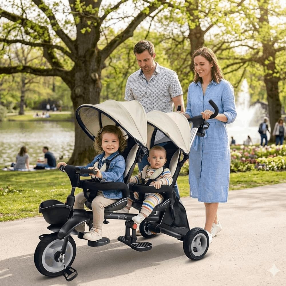 QPlay Triciclo Evolutivo Bebé para Dos | Triciclo para Gemelos o Mellizos, para Bebes Desde 10 Meses hasta los 36 Meses, Paseos en Familia