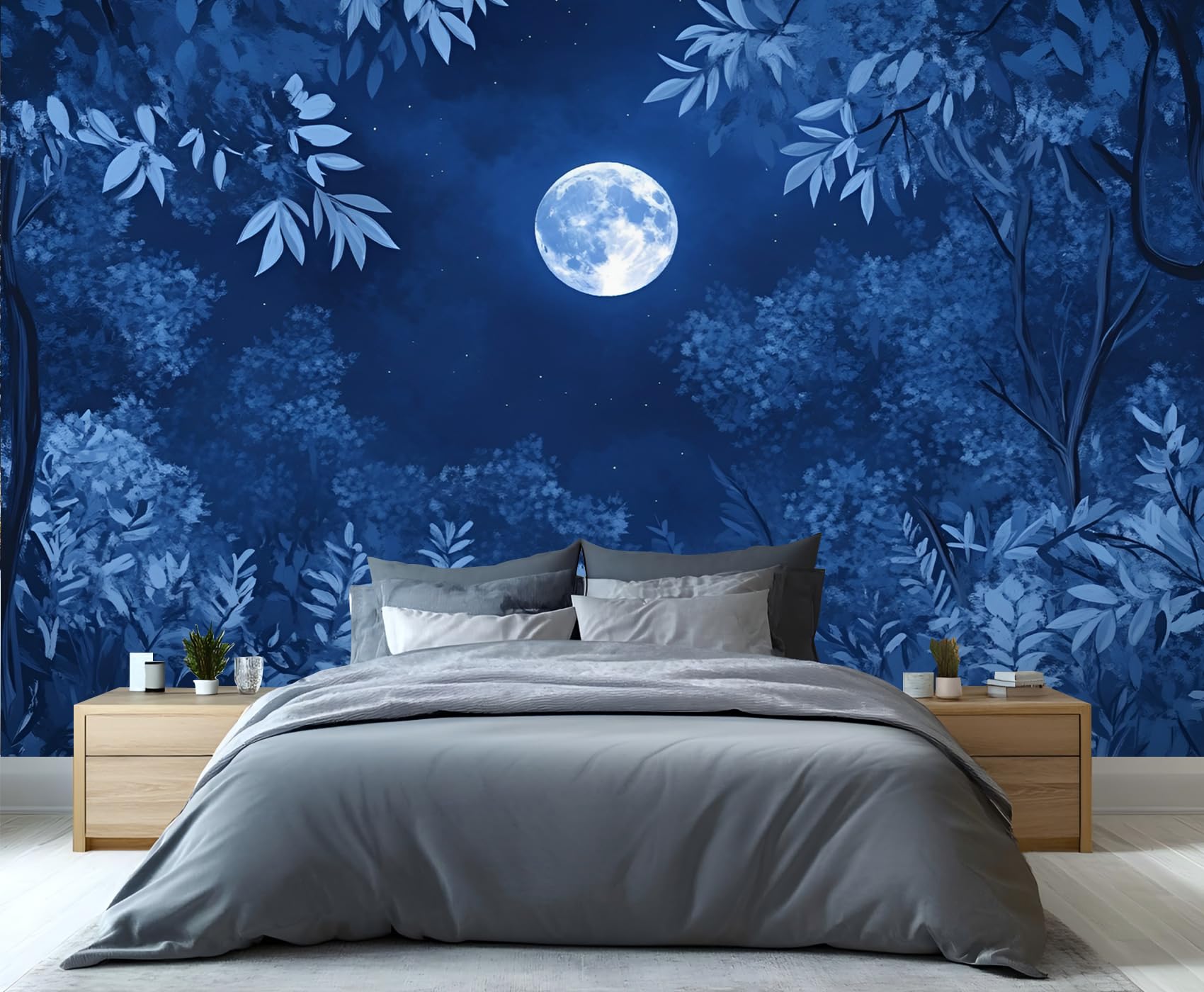 YXQAIED Night View Wallpaper, Blue Wallpapers for Living Room, Not Self Adhesive Forest Bedroom Wallpaper, Moon Photo 3D Wall Murals & Room Decor, 350x256cm
