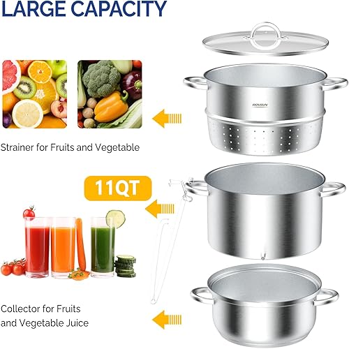 Miniatura 5 de ROVSUN Vaporizador de jugo de acero inoxidable de 11 cuartos de galón, extractor, frutas y verduras, olla vaporera, con abrazadera de tapa de vidrio