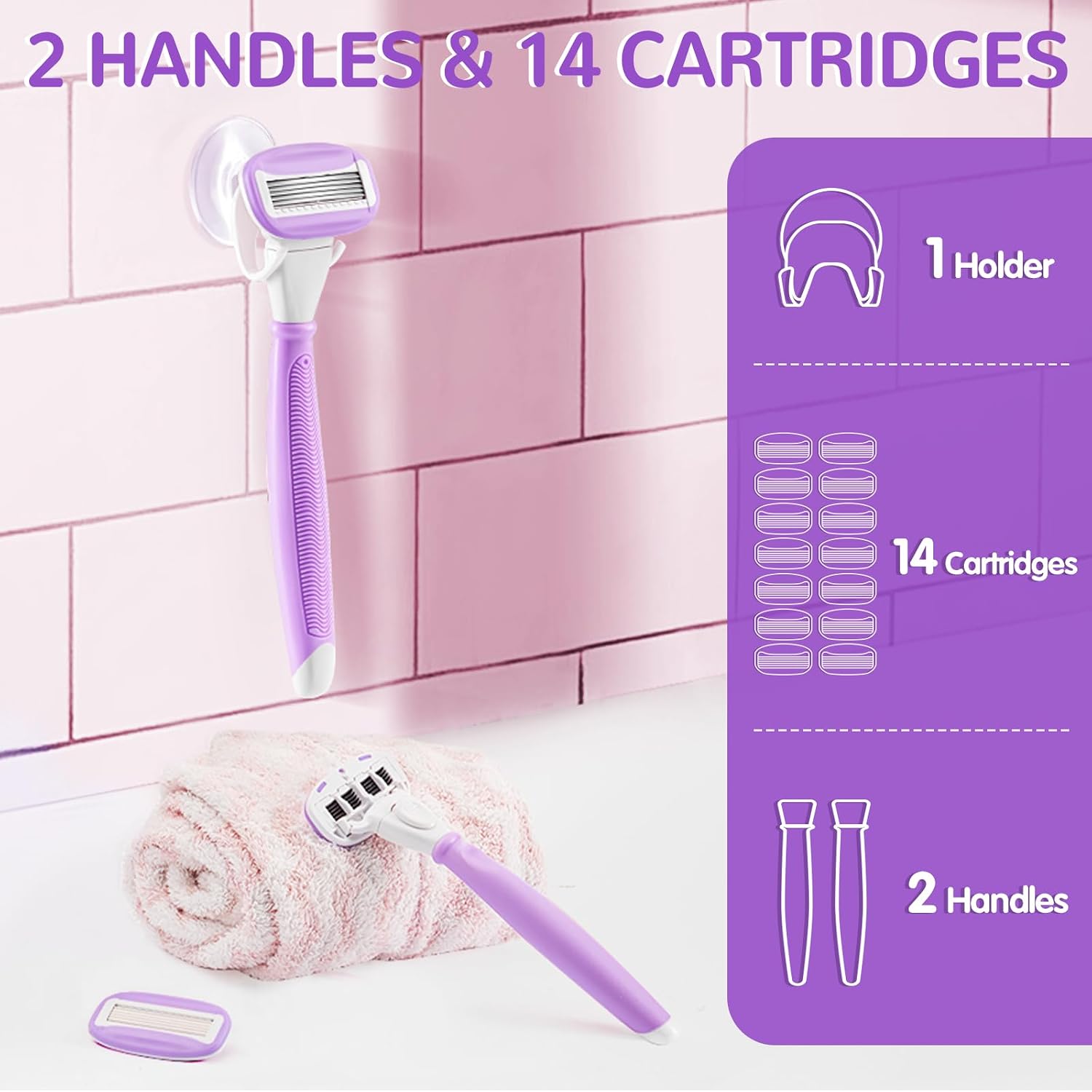 Razors for Women with 2 Handles 14 Cartridges and a Shower Holder, Purple image 2