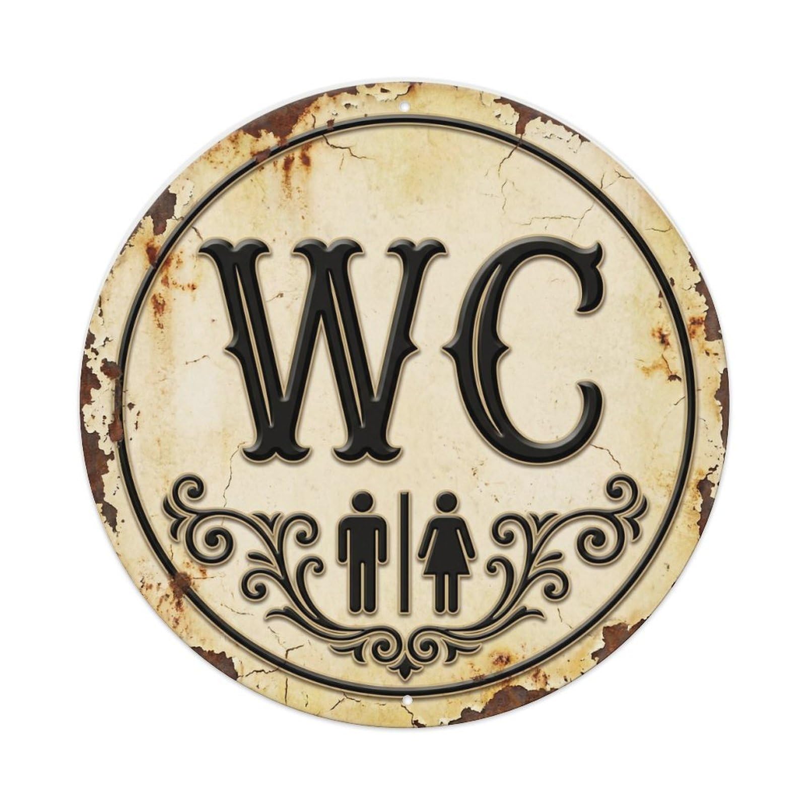 Toilet （WC） Vintage Ivory Plate Metal Tin Sign Plaque Wall Decor for Cafe, Club Bar, Office, Home Garden Round Metal Poster 8x8Inch