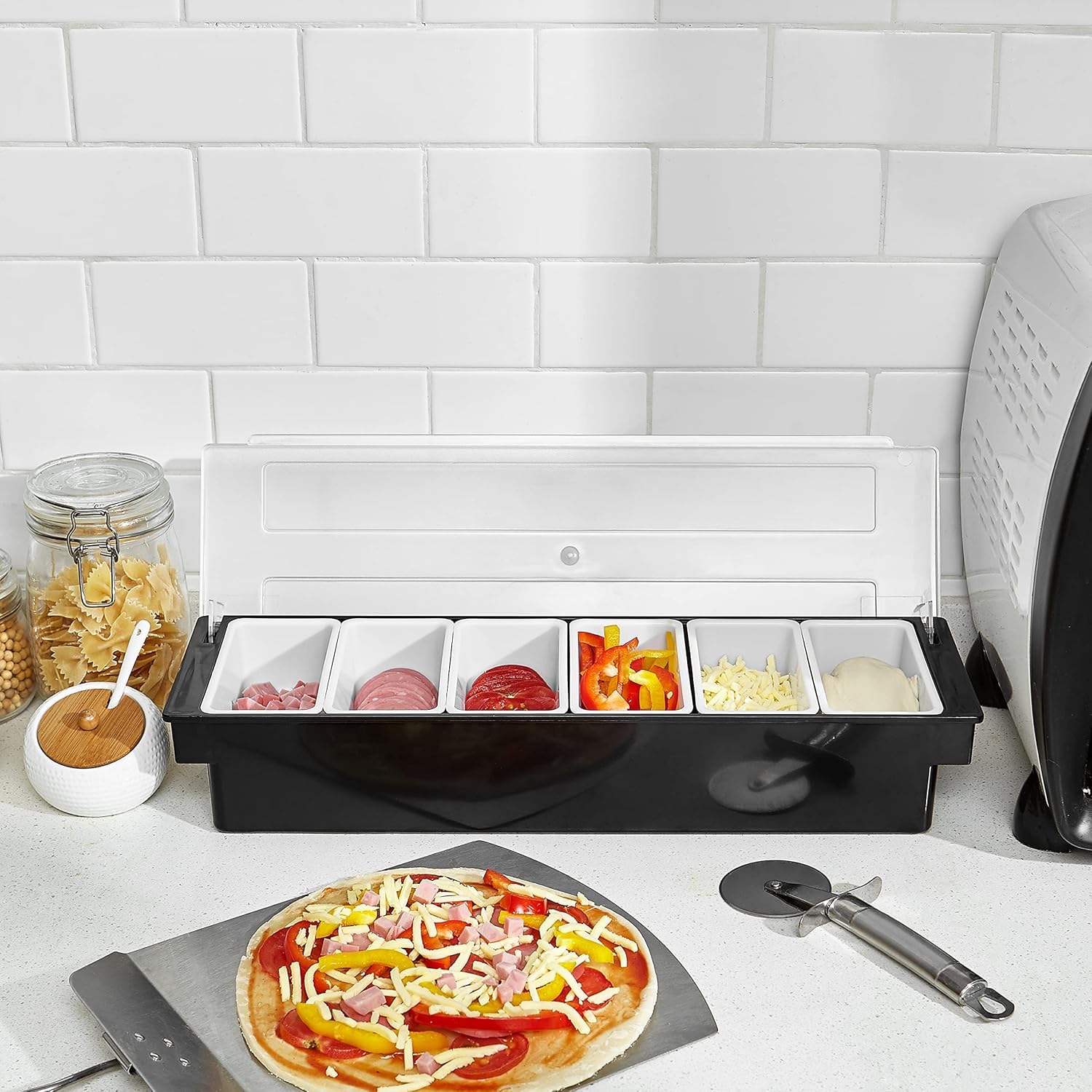 Qcwwy Station de Garnitures de Pizza, Boîte D'assaisonnement Détachable et Réutilisable pour Ingrédients de Pizza, Distributeur de Condiments pour la Maison ou le Restaurant(6 compartiments)