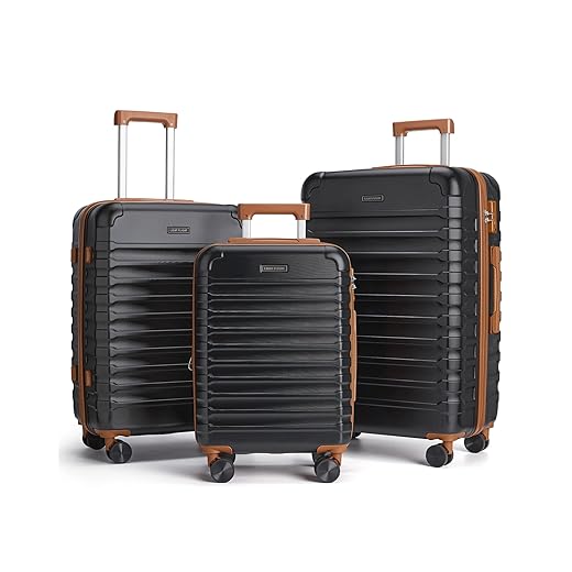 LIGHT FLIGHT Luggage Sets, 3 Piece Durable Suitcase Set with Spinner Wheels, 3 Pcs Hardside Lightweight luggage with TSA Lock, Large Checked Travel Suitcases, 20/24/28 Inch,Black/Brown