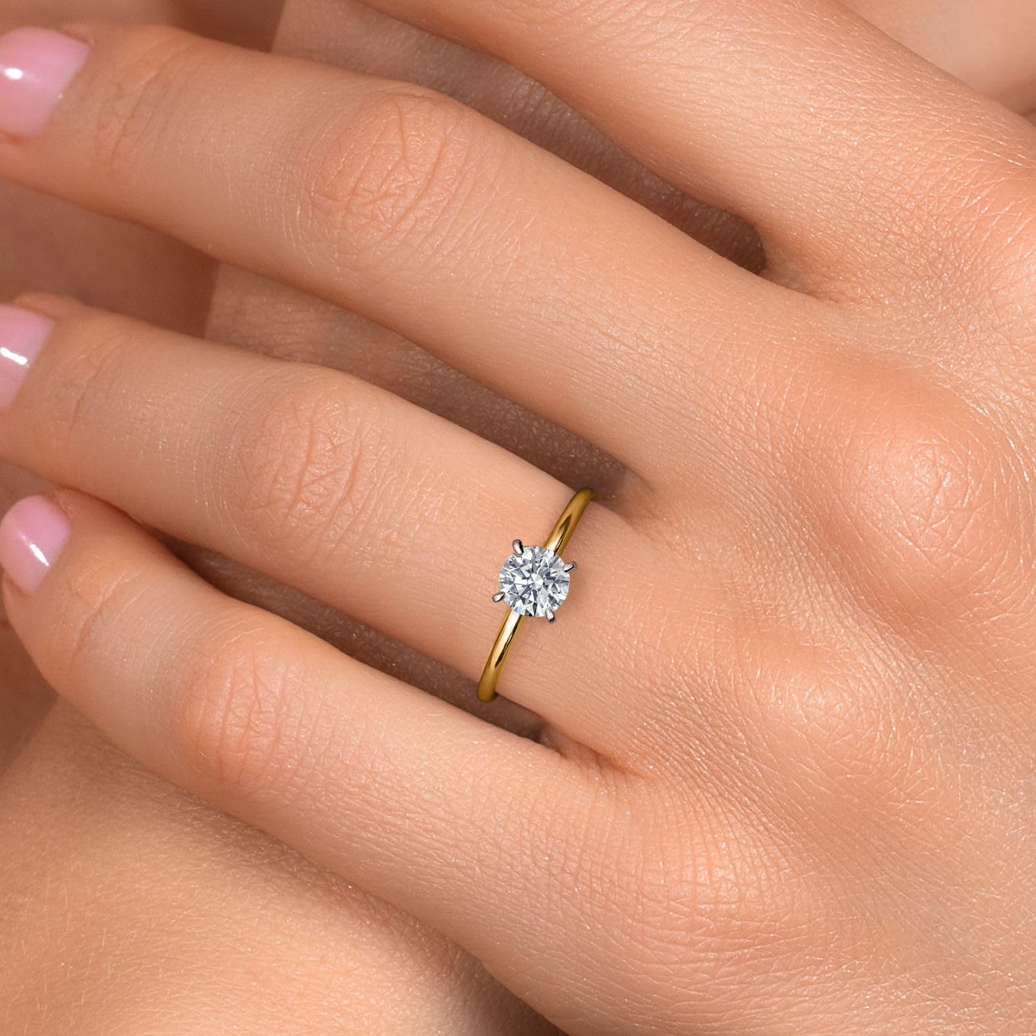 Gem Stone King 2 Tone 14K Yellow and White Gold IGI Certified Lab Grown Diamond Solitaire Engagement Ring For Women | 0.75 Ct Round Cut | D-E Color | VS1-VS2 Clarity