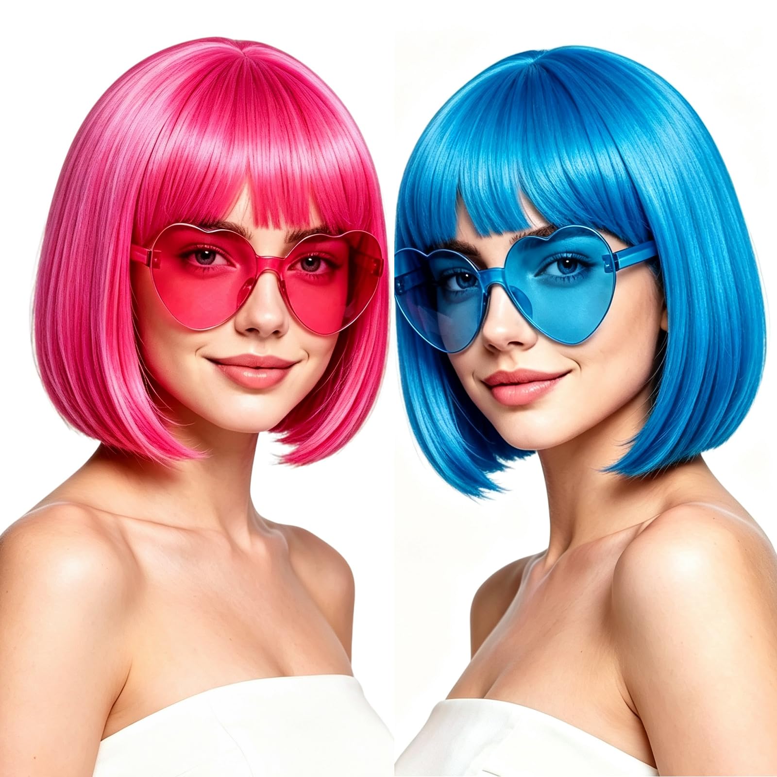 2 Pack Colored Bob Wigs and Heart Sunglasses Set, Blue Hot Pink Short Straight Bob Wig with Bangs Neon Party Colorful Synthetic Hair for Women Men Halloween Costume Bachelorette Party Favors
